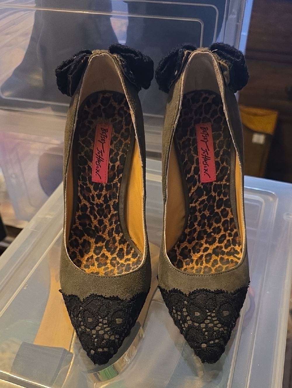 Betsey Johnson Gray Suede Pointed Toe Heels with Black Lace and Bow